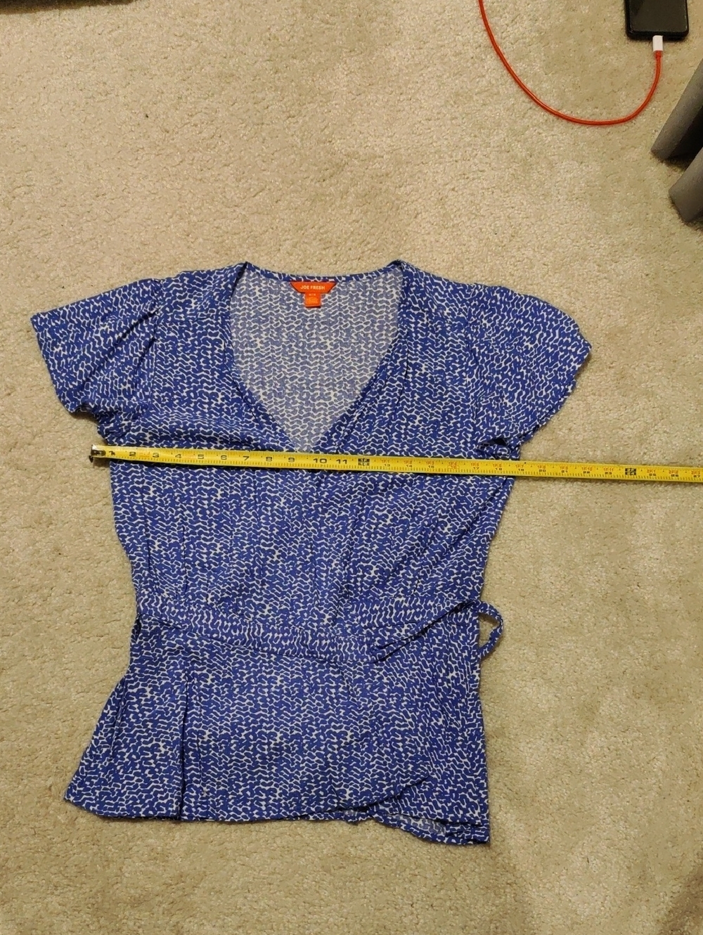 Joe Fresh Wrap Short Sleeve Blue Printed Surplice Waist Peplum Top Blouse Y2K - Picture 8 of 11